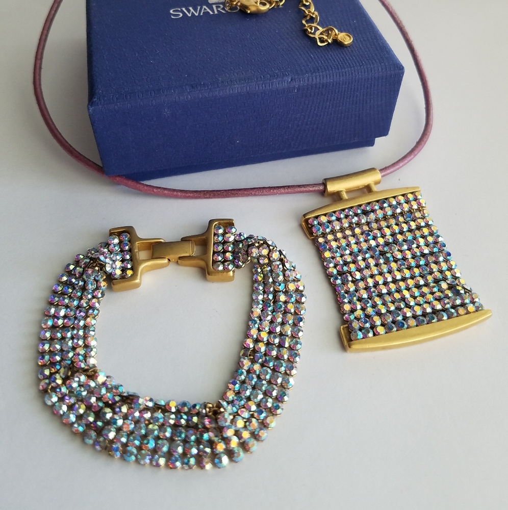 AUTHENTIC RARE Vintage Swarovski Mesh Aurora Borealis SET Necklace & Bracelet - Picture 15 of 17